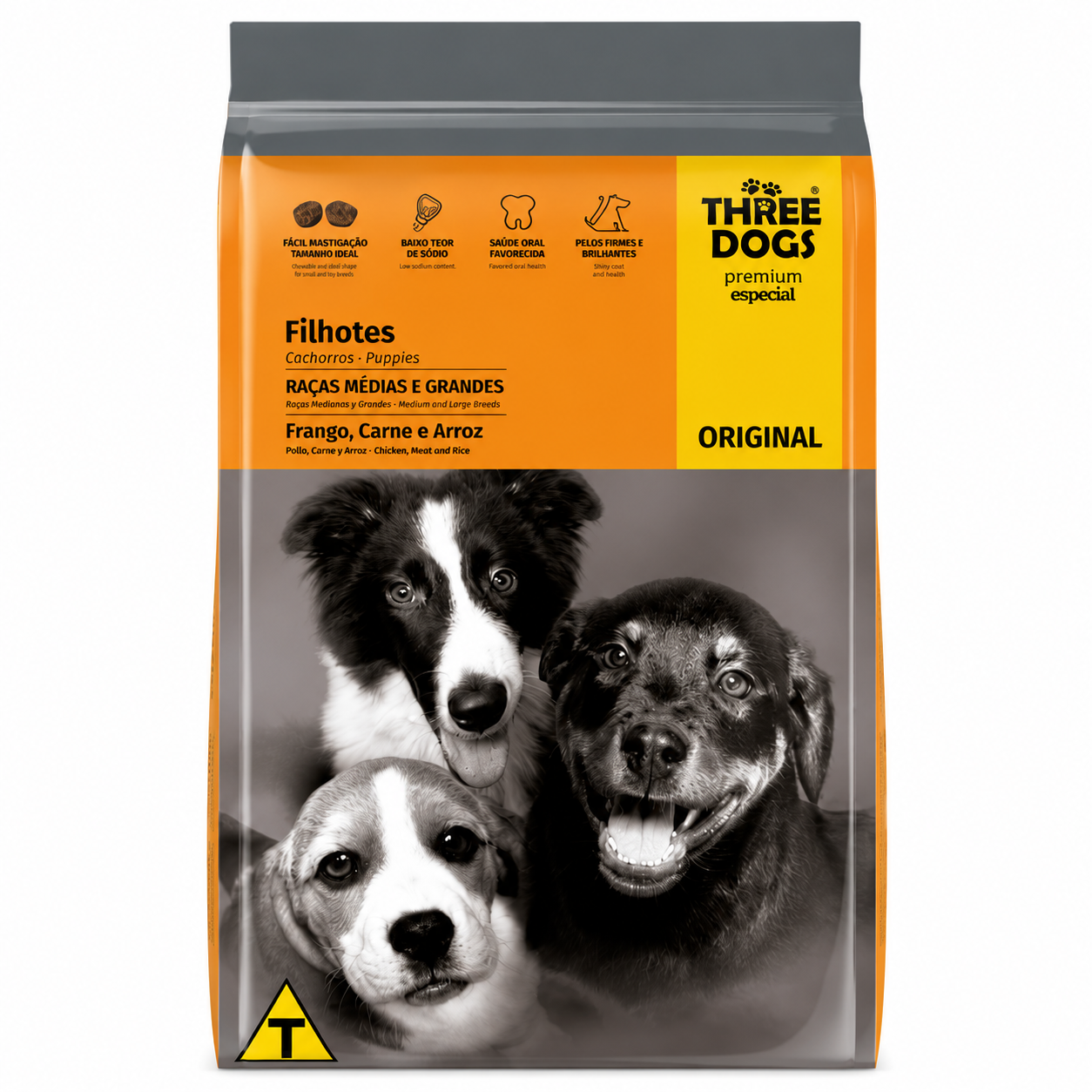 Ração Three Dogs Original Filhote Raças Médias e Grandes Frango, Carne e Arroz 10,1kg