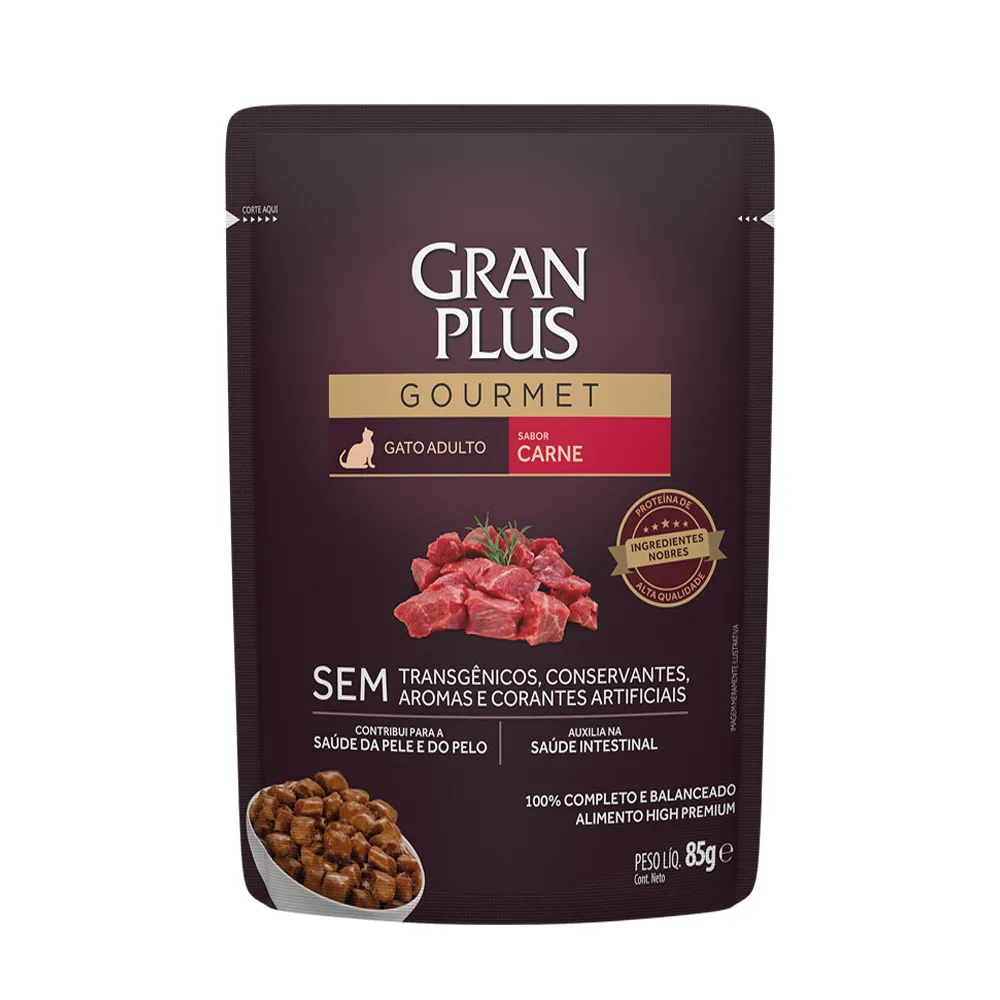 Ração Úmida Gran Plus Gourmet Gatos Adultos Carne Sachê 85 g
