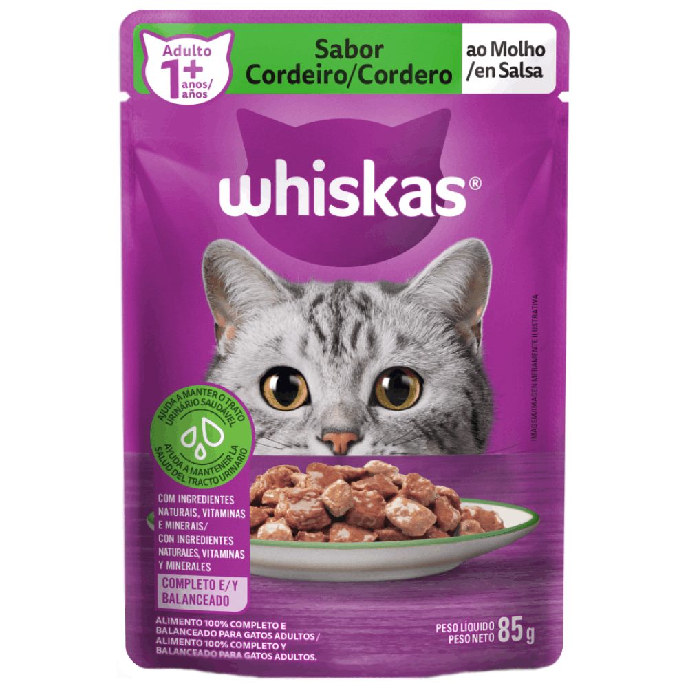 Ração Úmida Whiskas Sachê Cordeiro ao Molho Gatos Adultos 85g