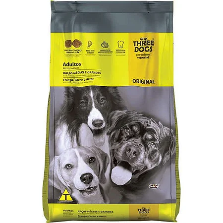 Ração Three Dogs Original Adulto Raças Médias e Grandes Frango, Carne e Arroz 10,1kg