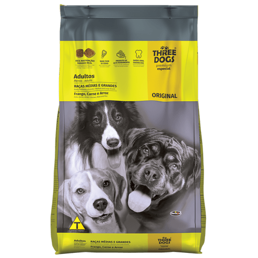 Ração Three Dogs Original Adulto Raças Médias e Grandes Frango, Carne e Arroz 15kg