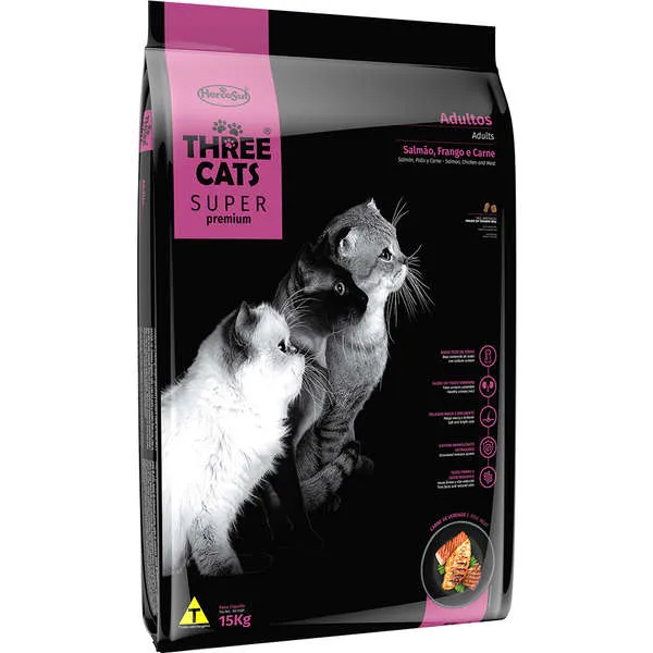 Ração Three Cats Gatos Adultos Super Premium Salmão, Frango e Carne 15kg