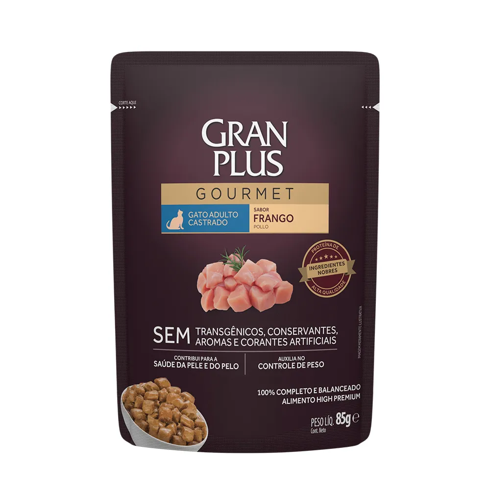 Ração Úmida Gran Plus Gourmet Gatos Castrados Frango Sachê 85 g