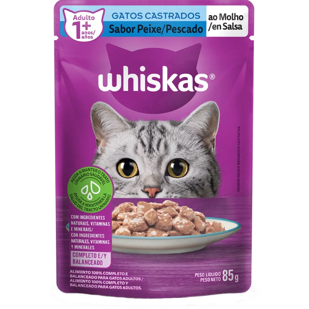 Ração Úmida Whiskas Sachê Peixe ao Molho Gatos Adultos Castrados 85g